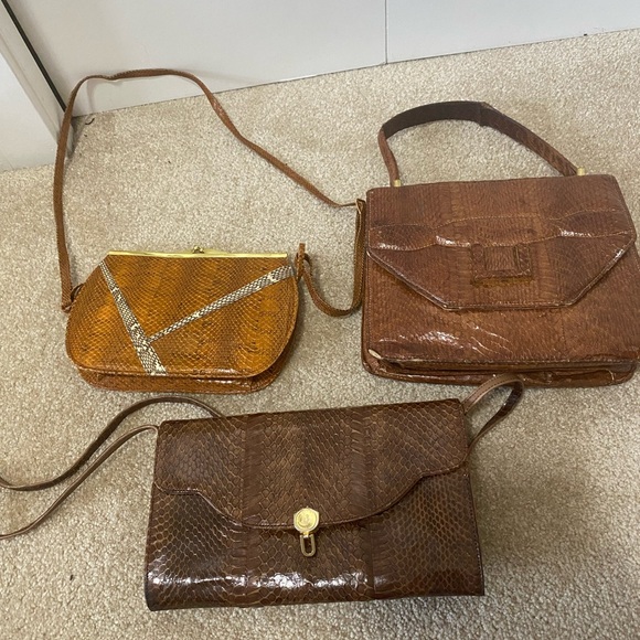Vintage lot of  Brown  snake skin Leather Clutch and Wristlet Set - Picture 1 of 10